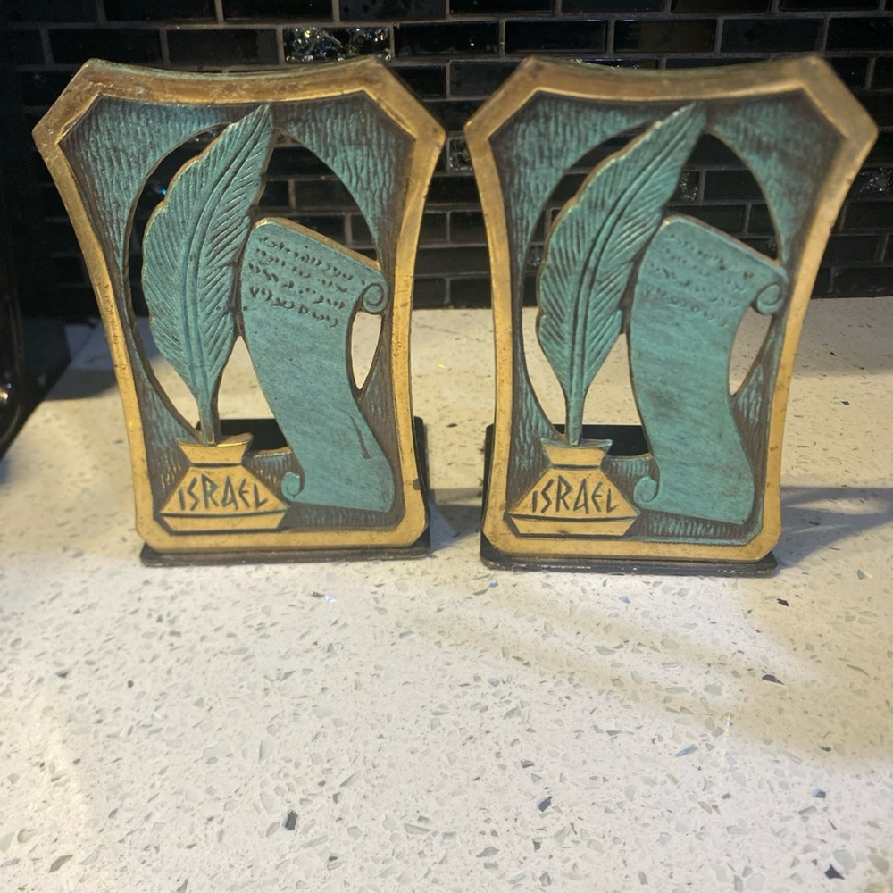 Solid Brass Bookends Made in Israel Ten Commandments‎ Natural Patina Mid Century